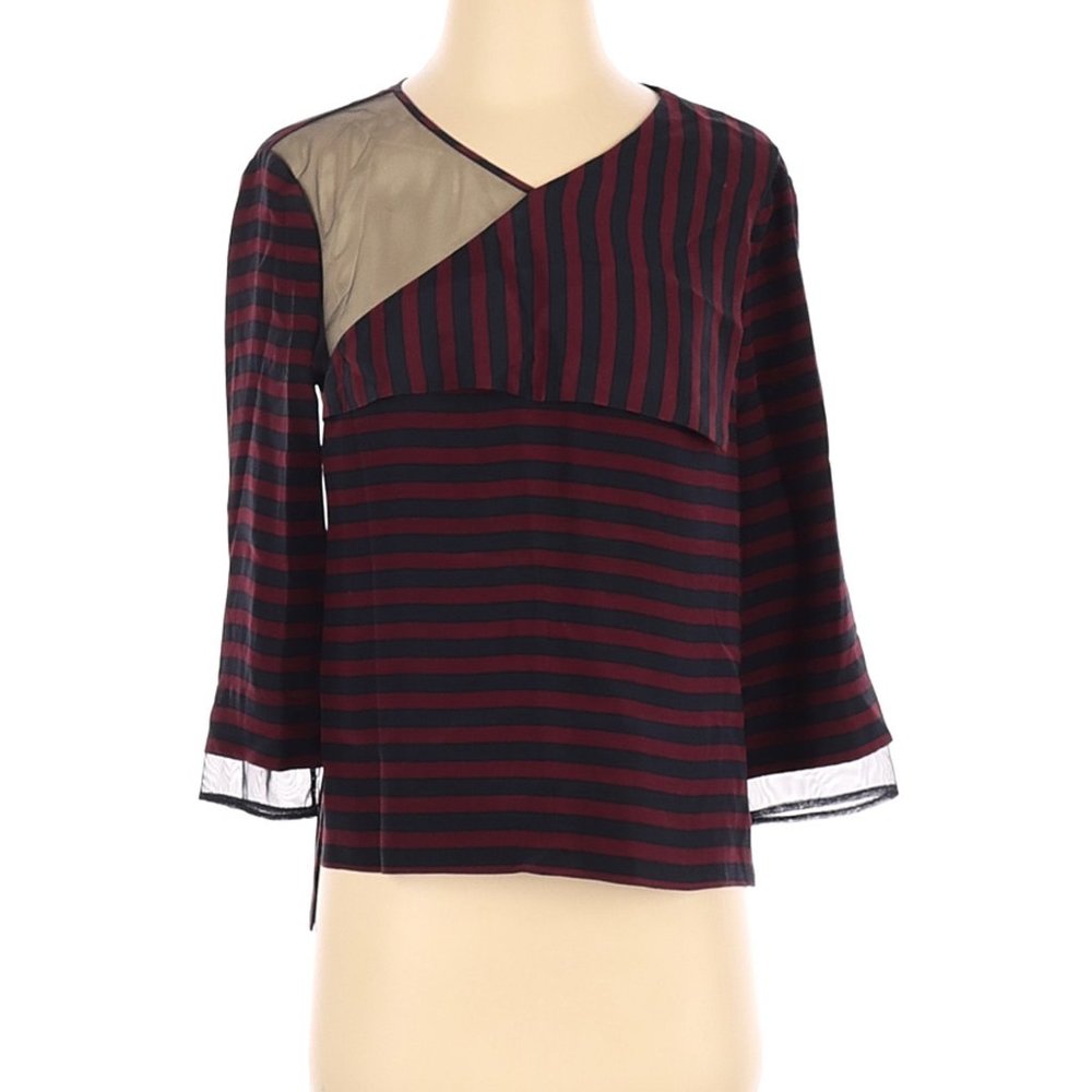 BCBGMAXAZRIA Long Sleeve Top Red Blue V-Neck Striped Print Sz S #552